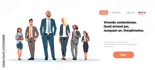 business people team leader businessmen women standing together leadership concept male female cartoon character full length isolated horizontal flat copy space