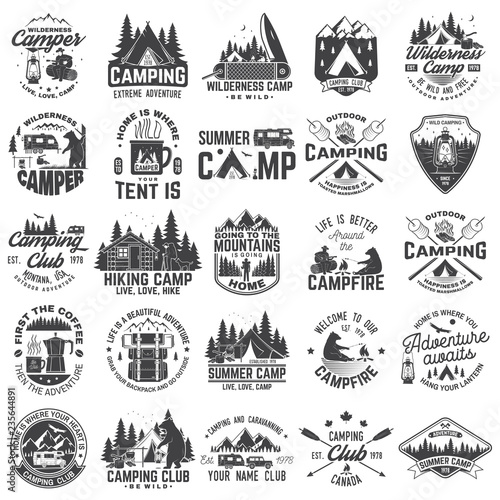 Summer camp. Vector. Concept for shirt or patch, print, stamp. Vintage typography design with rv trailer, camping tent, campfire, bear, coffee maker, pocket knife and forest silhouette.