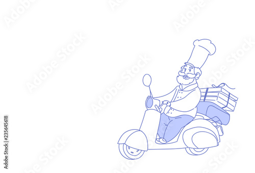 chef cook riding electric scooter pizza fast food delivery concept vintage motorcycle sketch doodle horizontal