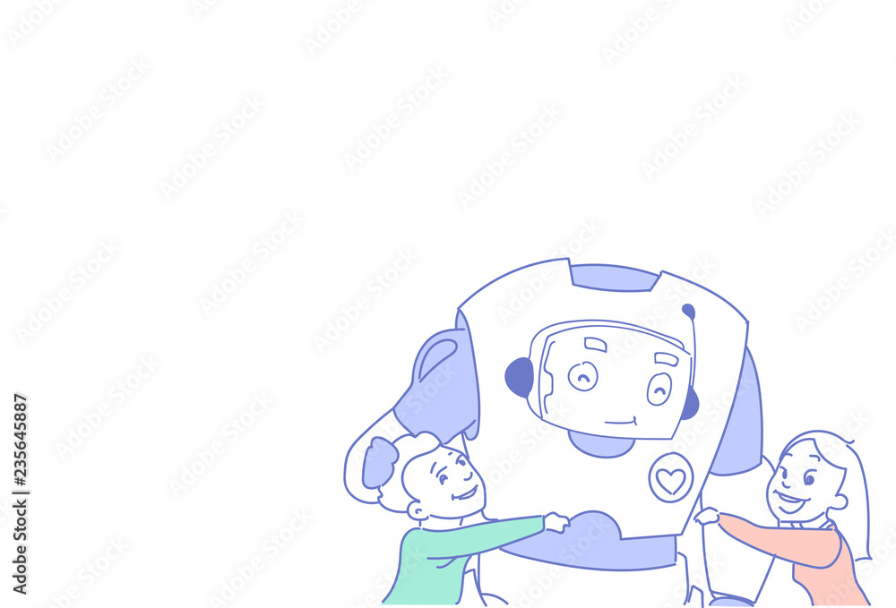 Fototapeta premium children playing modern robot people communication futuristic artificial intelligence technology concept sketch doodle horizontal