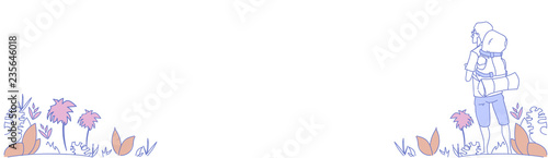 Man backpacker enjoy view guy traveler summer adventure vacation concept sketch doodle horizontal banner