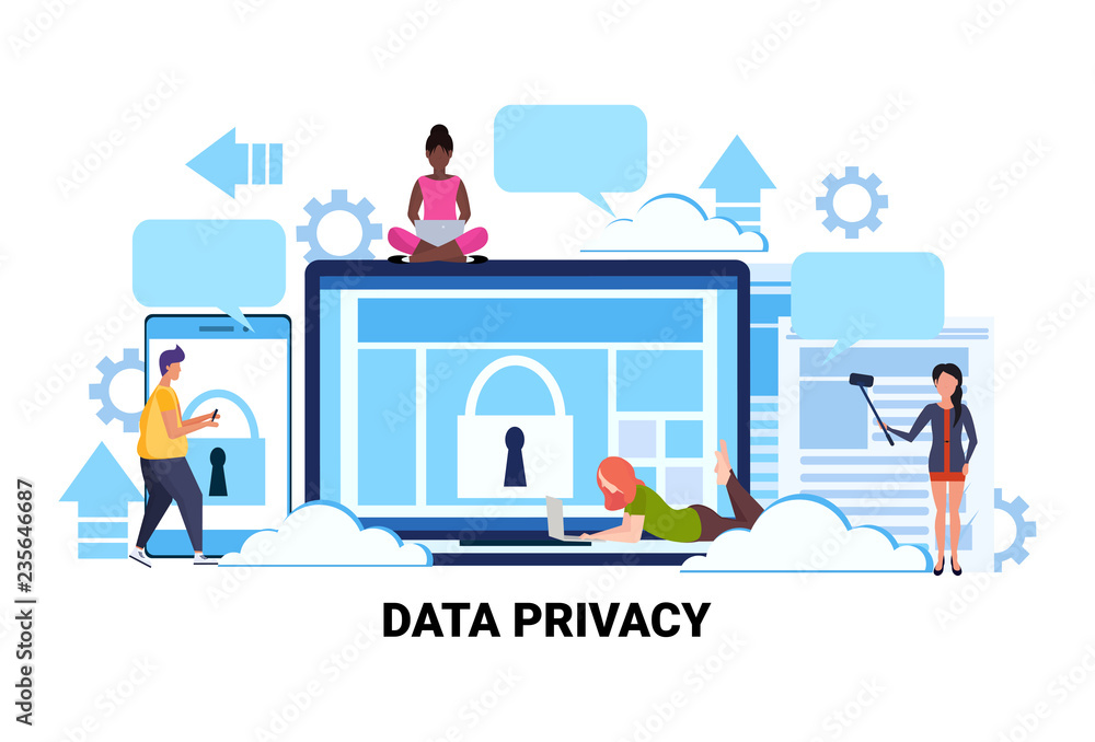 people group padlock computer screen data protection privacy concept ...