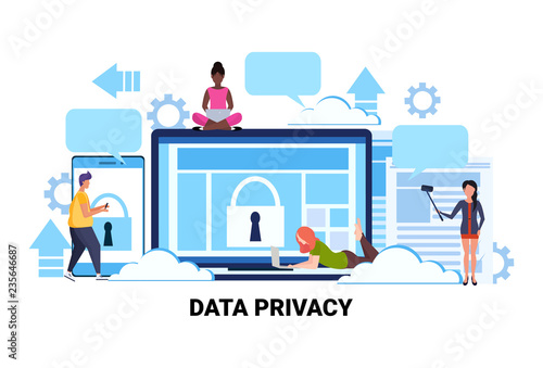people group padlock computer screen data protection privacy concept team working process cyber security network safety personal information flat horizontal