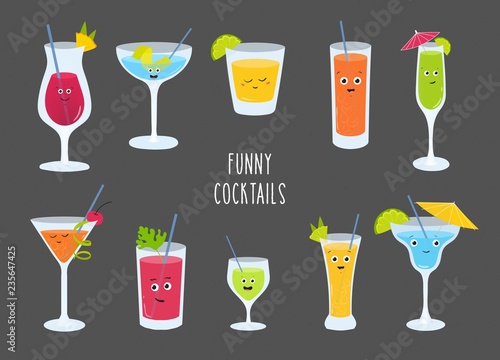Set of colorful alcohol and soft drinks, cocktail, smoothies, lemonades with cute smiling faces. Bundle of tasty funny beverages isolated on dark background. Vector illustration in flat cartoon style.
