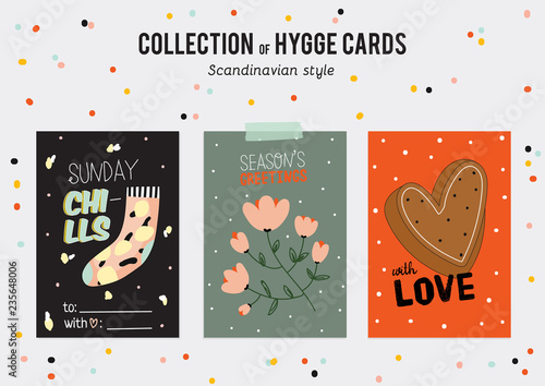 Super cute vector set of hygge cards and posters. Cute illustration autumn and winter hygge elements. Isolated. Motivational typography of hygge quotes. Scandinavian style