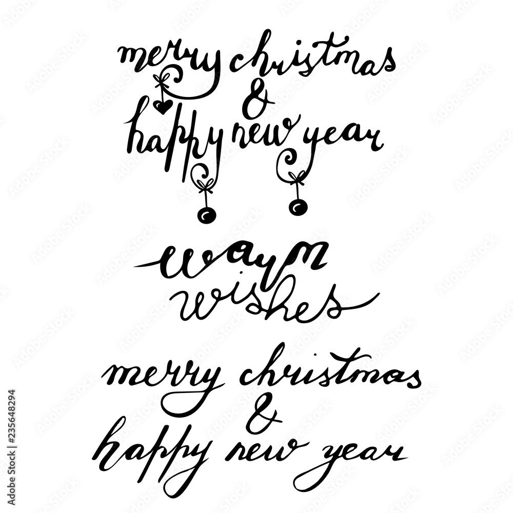hand drawn lettering set merry christmas and happy new year, warm wishes, isolated on white