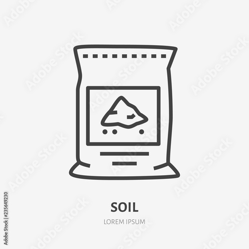 Plants soil in bag flat line icon. Vector thin sign of ground pachage, cement pack. Fertilizer illustration.