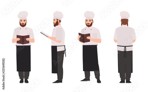 Chef, cook or restaurant worker wearing uniform and toque reading recipe or culinary book. Male cartoon character isolated on white background. Front, side, back views. Flat vector illustration.