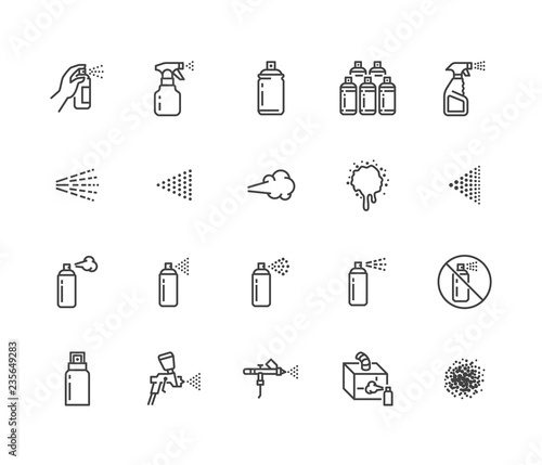 Spray can flat line icons set. Hand with aerosol, airbrush, powder coating, graffiti art, cough effect vector illustrations. Thin signs for disinfection, cleaning. Pixel perfect 64x64. Editable Stroke photo