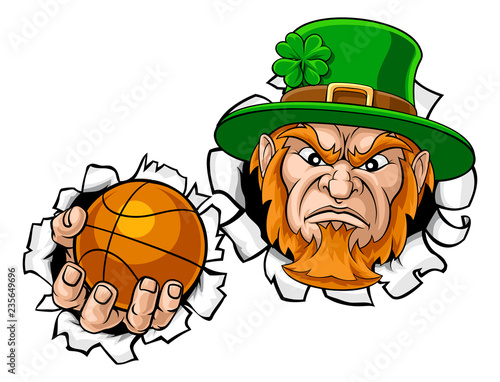 A leprechaun basketball sports mascot holding a ball and tearing through the background. 