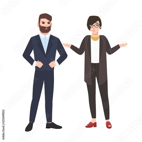 Angry boss and female employee isolated on white background. Woman office worker making excuses or justifying herself before grumpy chief or director. Vector illustration in flat cartoon style.