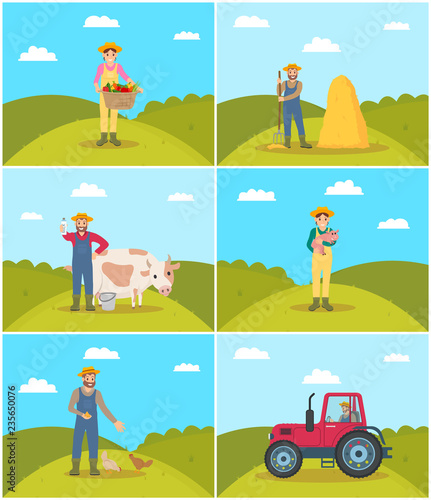 Farmer with Wicker Basket Set Vector Illustration