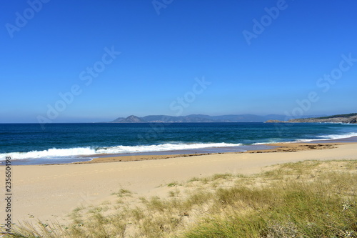 Wild beach with bright sand and vegetation in sand dunes. Blue sea with waves and foam. Sunny day, Galicia, Spain.