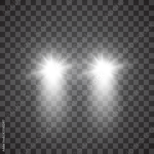 Cars flares light effect. Realistic white glow round car headlight beams isolated on transparent gloom background. Vector bright train lights for your design.