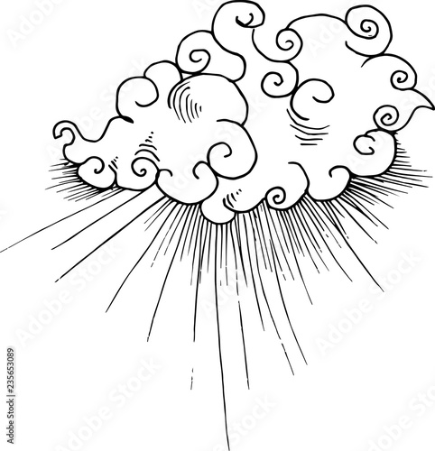 Black and white illustration of Chinese clouds and rays of light.