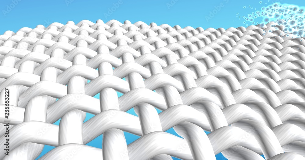 Clean white fabrics threads interweaving in macro zoom and shining gradient blue water drops and bubbles. 3D illustration for advertising for washing powder, stain remover or liquid laundry detergent Clean white fabrics threads interweaving in macro zoom and shining gradient blue water drops and bubbles. 3D illustration for advertising for washing powder, stain remover or liquid laundry detergent