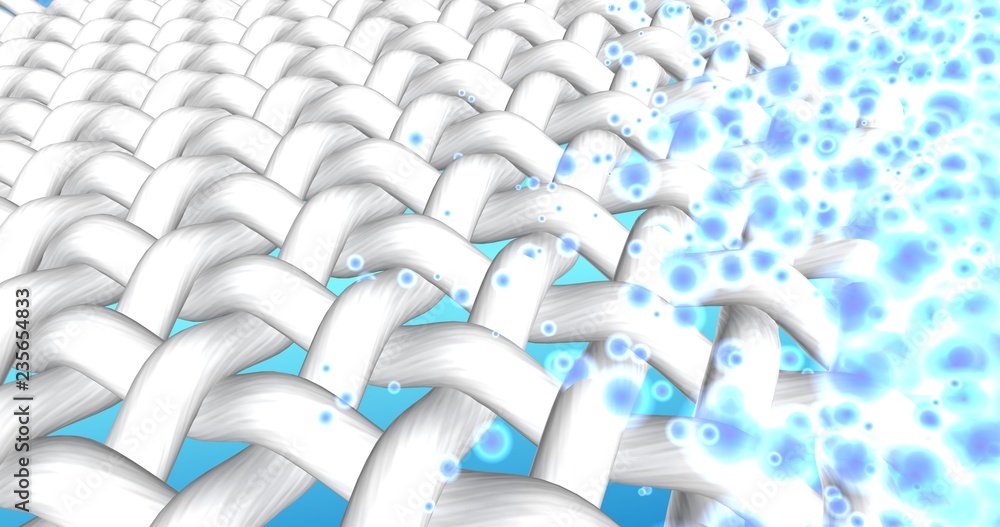 Clean white fabric threads in macro zoom and shining gradient blue bubbles. 3D illustration for advertising of bleach, washing powder, stain remover or liquid laundry detergent. Cloth washing. Clean white fabric threads in macro zoom and shining gradient blue bubbles. 3D illustration for advertising of bleach, washing powder, stain remover or liquid laundry detergent. Cloth washing.