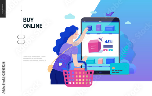 Business series, color 2 -buy online shop -modern flat vector illustration concept of woman shopping online holding basket. Website interaction -purchase process. Creative landing page design template