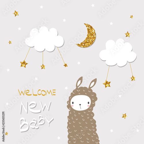 Cute baby print with llama, glitter stars and quote. Baby shower invitation or nursery poster. Vector hand drawn illustration.