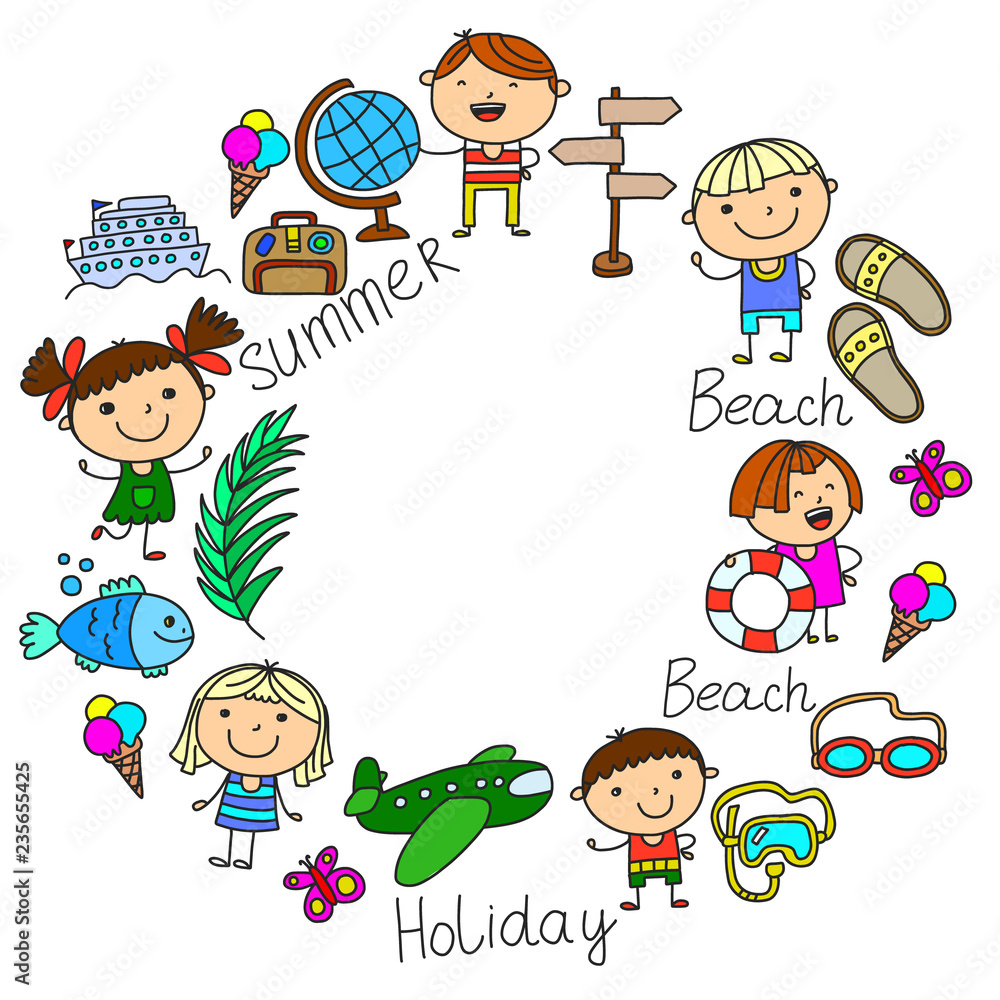Fototapeta premium Vector pattern with children icons. Summer vacation at seashore, sea, ocean, beach. Small kids having fun.