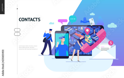 Business series, color 2 - contacts - modern flat vector illustration concept of intercommunicators. Connection ways and tools -web, phone, chat, messenger, post. Creative landing page design template