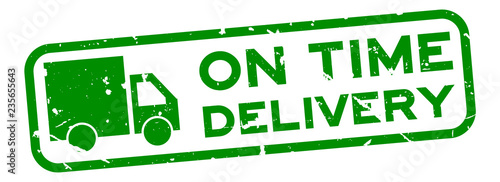 Grunge green on time delivery word with truck icon square rubber seal stamp on white background