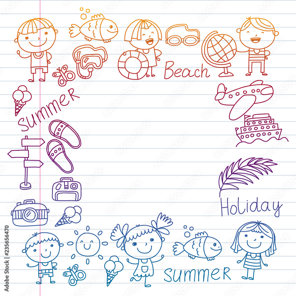 Fototapeta premium Vector pattern with children icons. Summer vacation at seashore, sea, ocean, beach. Small kids having fun.