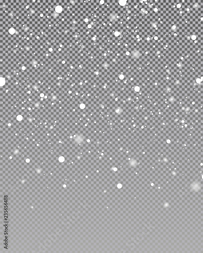 Snow falling background. Vector magic Christmas eve snowfall. White glitter snowflakes falling down on transparent background.