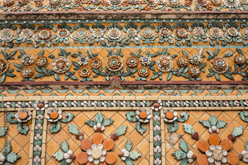 Detailed view of decor of Wat Pho pagoda. Temple of the Reclining Buddha in Bangkok, Thailand.