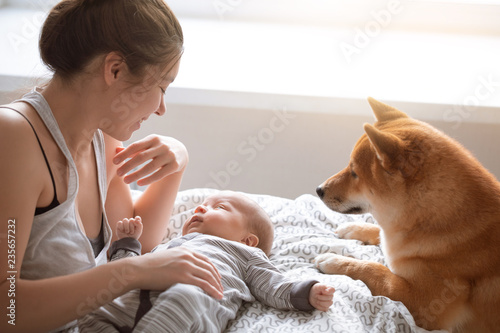 Mother, Newborn baby boy and friendly Shiba inu dog in home bedroom.