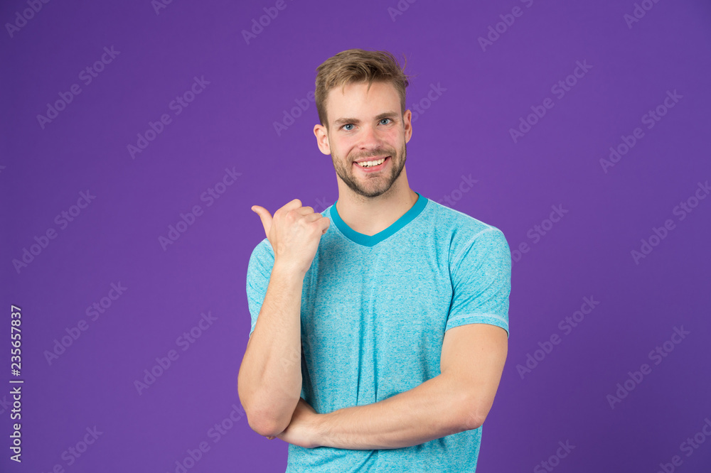 Look there. Masculinity concept. Man with strong muscular arms. Does