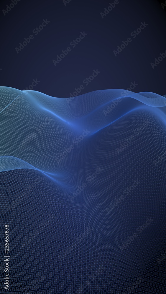 Abstract landscape on a blue background. Cyberspace grid. Hi-tech network. 3d technology illustration. Vertical image orientation. 3D illustration