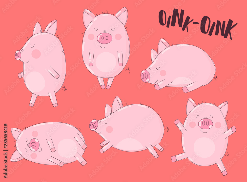 Collection of cute pigs on a red background with the word oink. Vector illustration for New Year, Christmas, prints, invitations, flyers, cards, children, clothes, decor, interior Collection of cute pigs on a red background with the word oink. Vector illustration for New Year, Christmas, prints, invitations, flyers, cards, children, clothes, decor, interior