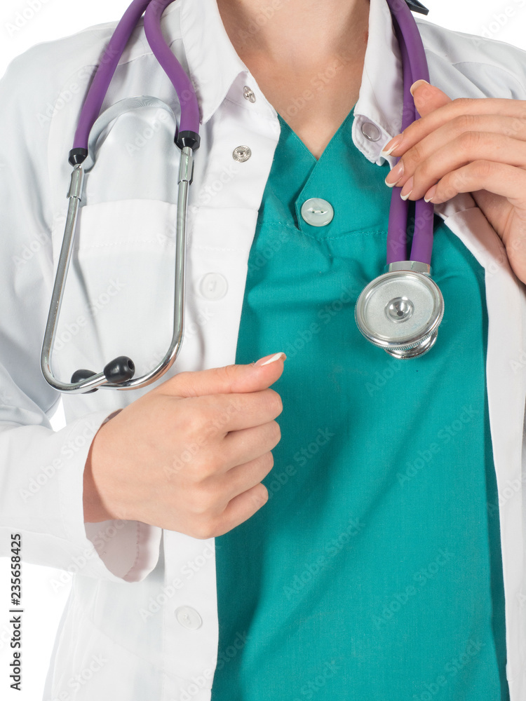 Close-up of female doctor using stethoscope. Isolated on white Close-up of female doctor using stethoscope. Isolated on white