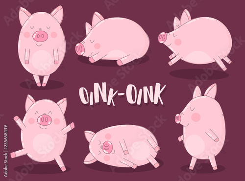 A collection of six funny pigs on a burgundy background with the word oink. Vector illustration for New Year, Christmas, prints, invitations, flyers, cards, children, clothes, decor, interior