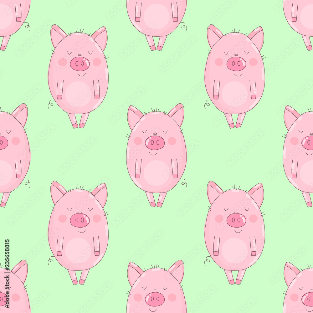 Seamless pattern of hand-drawn pigs on an isolated green background. Vector illustration of piglets for New Year, prints, wrapping paper, cards, children, clothes, decor, farm, food. Seamless pattern of hand-drawn pigs on an isolated green background. Vector illustration of piglets for New Year, prints, wrapping paper, cards, children, clothes, decor, farm, food.