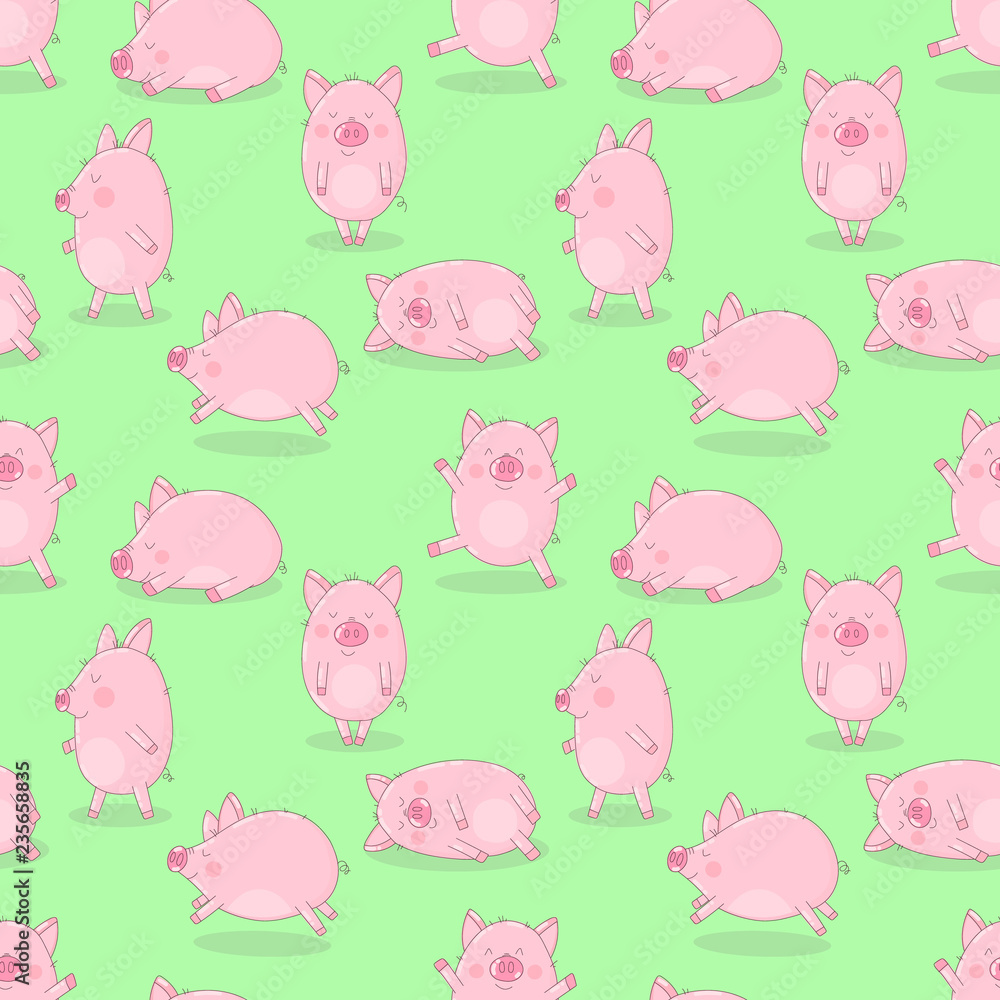 Seamless pattern of hand-drawn cheerful pigs on an isolated green background. Vector illustration of piglets for New Year, prints, wrapping paper, cards, children, clothes, decor, farm, food. Seamless pattern of hand-drawn cheerful pigs on an isolated green background. Vector illustration of piglets for New Year, prints, wrapping paper, cards, children, clothes, decor, farm, food.
