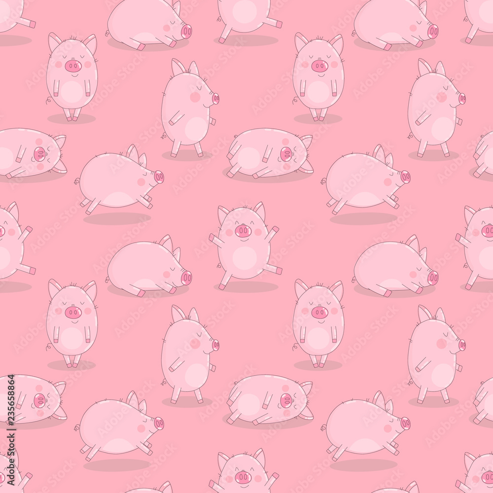 Seamless pattern of hand-drawn cheerful pigs on an isolated pink background. Vector illustration of piglets for New Year, prints, wrapping paper, cards, children, clothes, decor, farm, food. Seamless pattern of hand-drawn cheerful pigs on an isolated pink background. Vector illustration of piglets for New Year, prints, wrapping paper, cards, children, clothes, decor, farm, food.