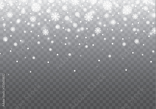 Vector heavy snowfall, snowflakes in different shapes and forms. Many white cold flake elements on transparent background. White snowflakes flying in the air. Snow flakes, snow background.