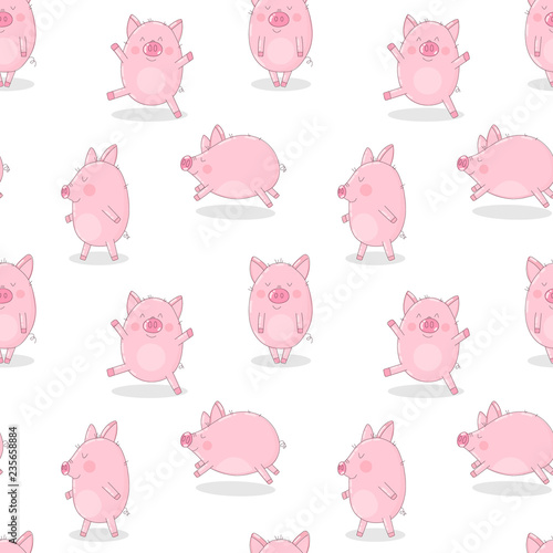 Seamless pattern of hand-drawn funny pigs on a transparent background. Vector illustration of piglets for New Year, prints, wrapping paper, cards, children, clothes, decor, farm, food.