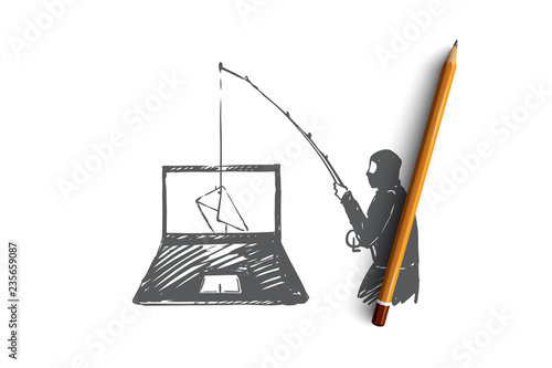 DLP, espionage, virus, penetration, dangers concept. Hand drawn isolated vector.