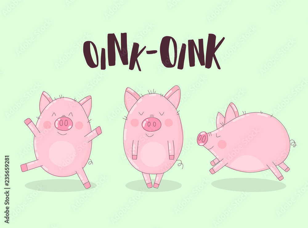 Collection of three funny pigs on a green background with the word oink. Vector illustration for New Year, Christmas, prints, invitation, flyers, cards, children, clothing, decor, banners. Collection of three funny pigs on a green background with the word oink. Vector illustration for New Year, Christmas, prints, invitation, flyers, cards, children, clothing, decor, banners.
