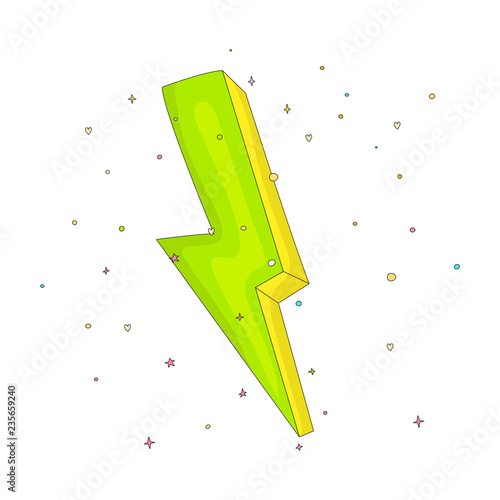 Cartoon green an yellow lightning icon with decoration elements. Simple fun cartoon lightning on white background icon. Green power lightning with decoration. photo