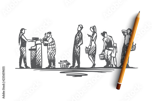 Shopping, purchases, queue, waiting, cash desk concept. Hand drawn isolated vector.