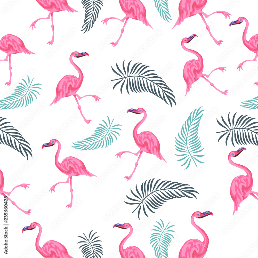 Tropical flamingo seamless vector pattern, floral fashionable tropic background for fabric textile, exotic hawaiian texture with flamingos for print, trendy natural leaves for fashion textile Tropical flamingo seamless vector pattern, floral fashionable tropic background for fabric textile, exotic hawaiian texture with flamingos for print, trendy natural leaves for fashion textile