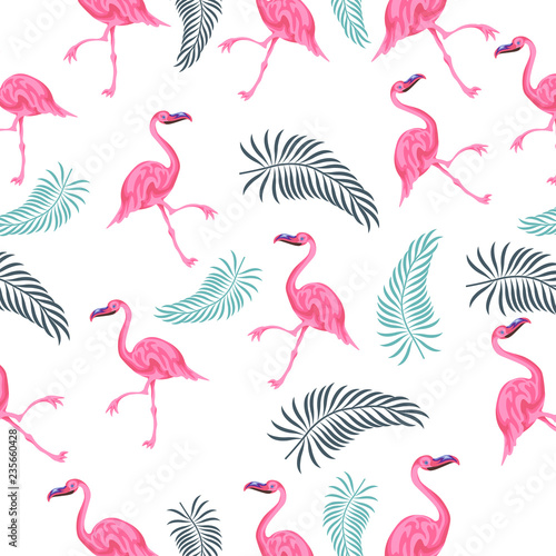 Tropical flamingo seamless vector pattern, floral fashionable tropic background for fabric textile, exotic hawaiian texture with flamingos for print, trendy natural leaves for fashion textile