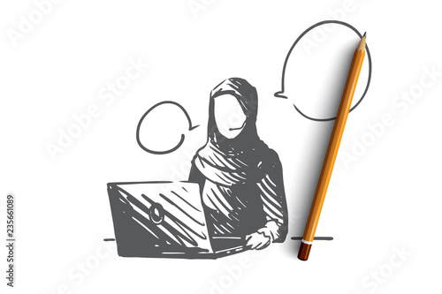 Support, communication, service, Islam, hijab concept. Hand drawn isolated vector.