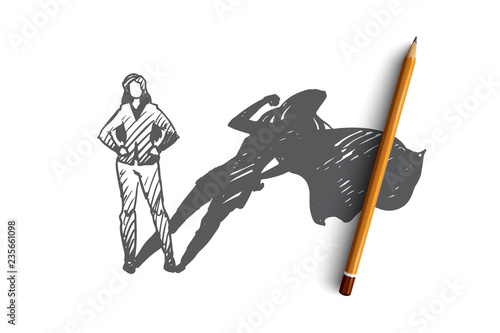 Superwoman, self-esteem, businessman, potential concept. Hand drawn isolated vector.