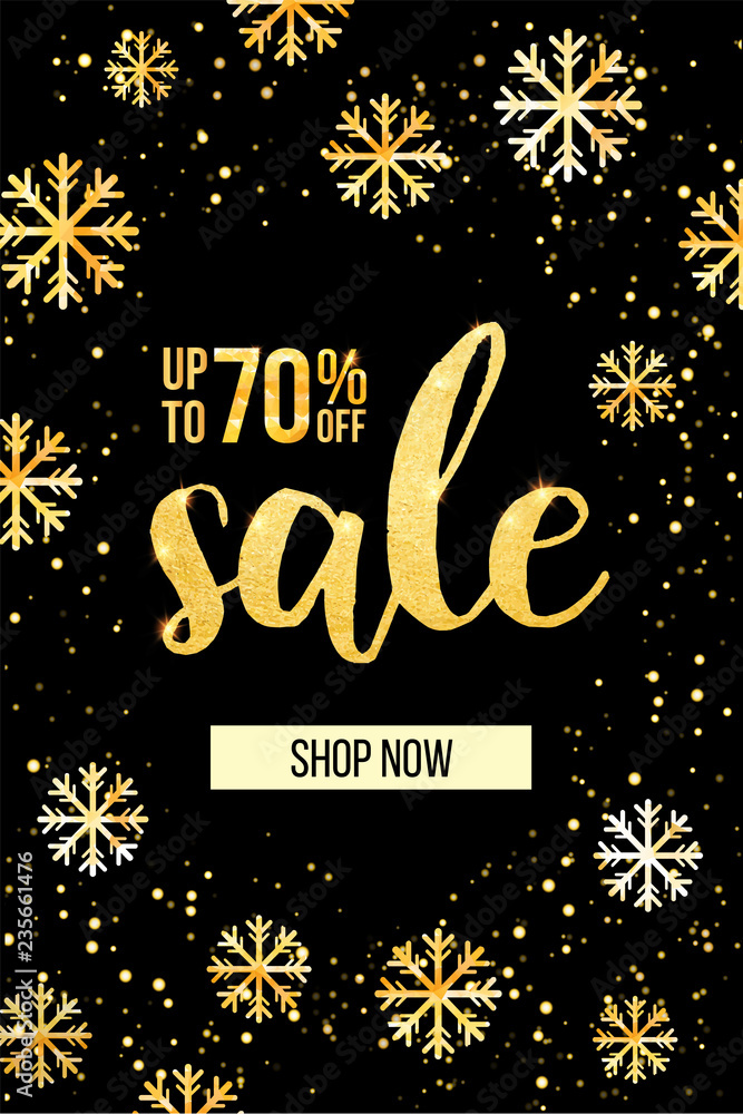 Vector banner sale. Modern web banner with golden snowflakes.