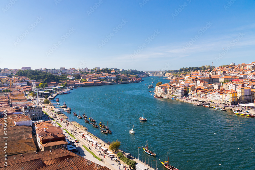 Porto, Portugal old town ribeira aerial promenade view with colorful houses, Douro river, panoramic view